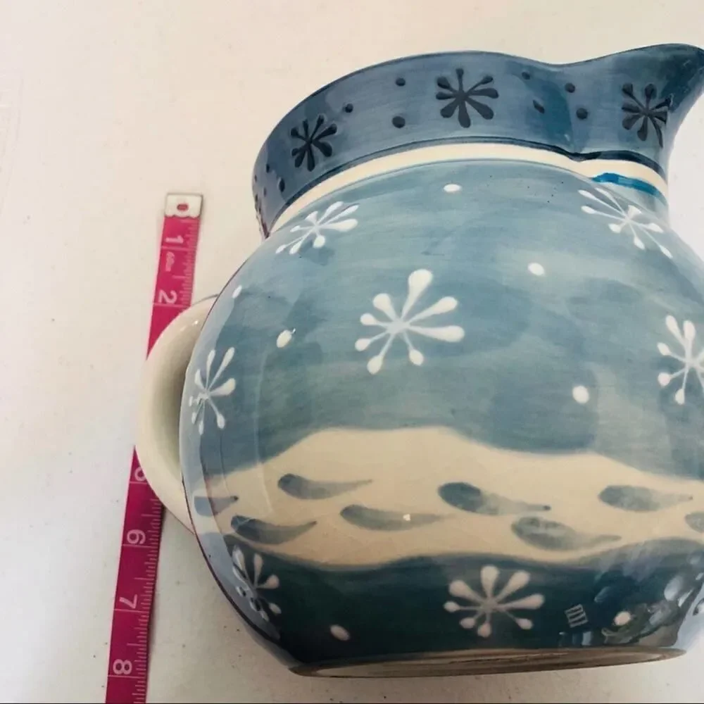 Christmas Decor Vintage Blue White Snowman Ceramic Pitcher